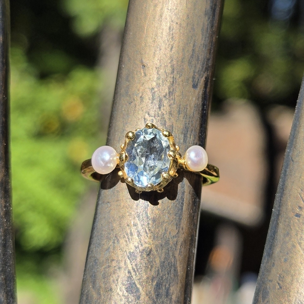 Blue Topaz 3.5k Sterling Gold & Pearl Ring Sz6.5 - Picture 6 of 9